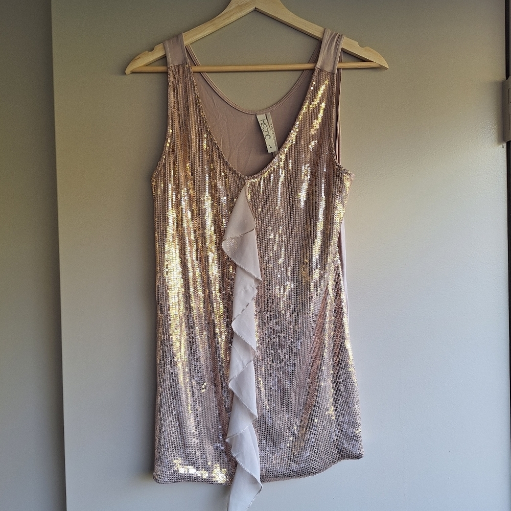 Kische Rose Gold Sequin Ruffle Sleeveless Top Dress L